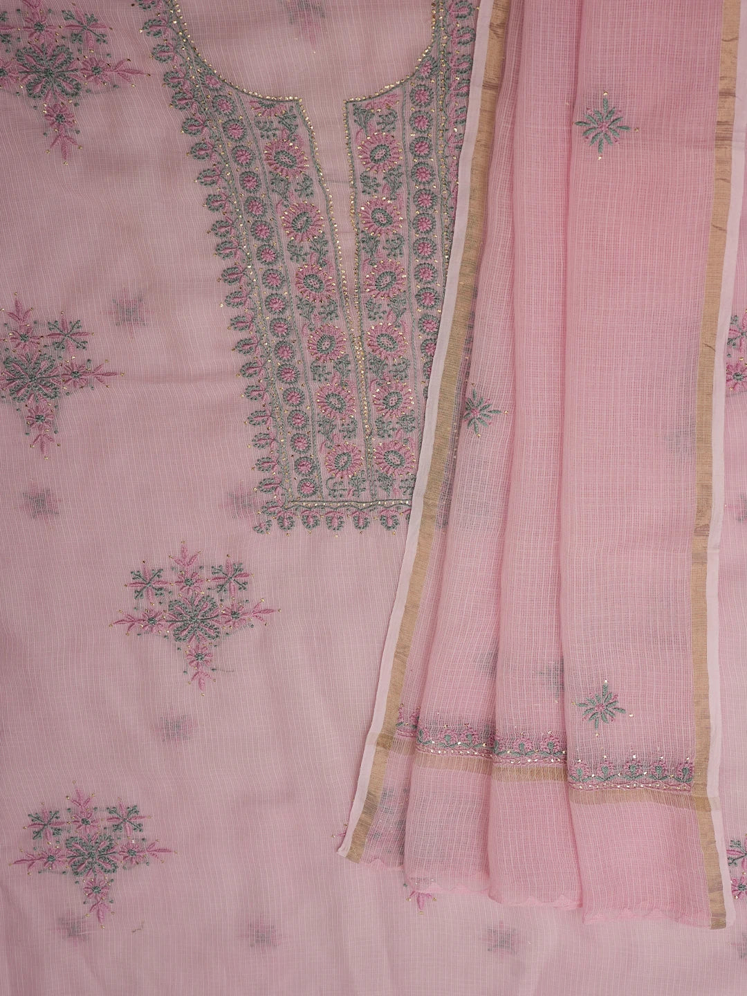 Ada Hand Embroidered Pink Kota Lucknowi Chikankari Unstitched Kurta Dupatta Set With Mukaish/Muqaish Work 01A638449