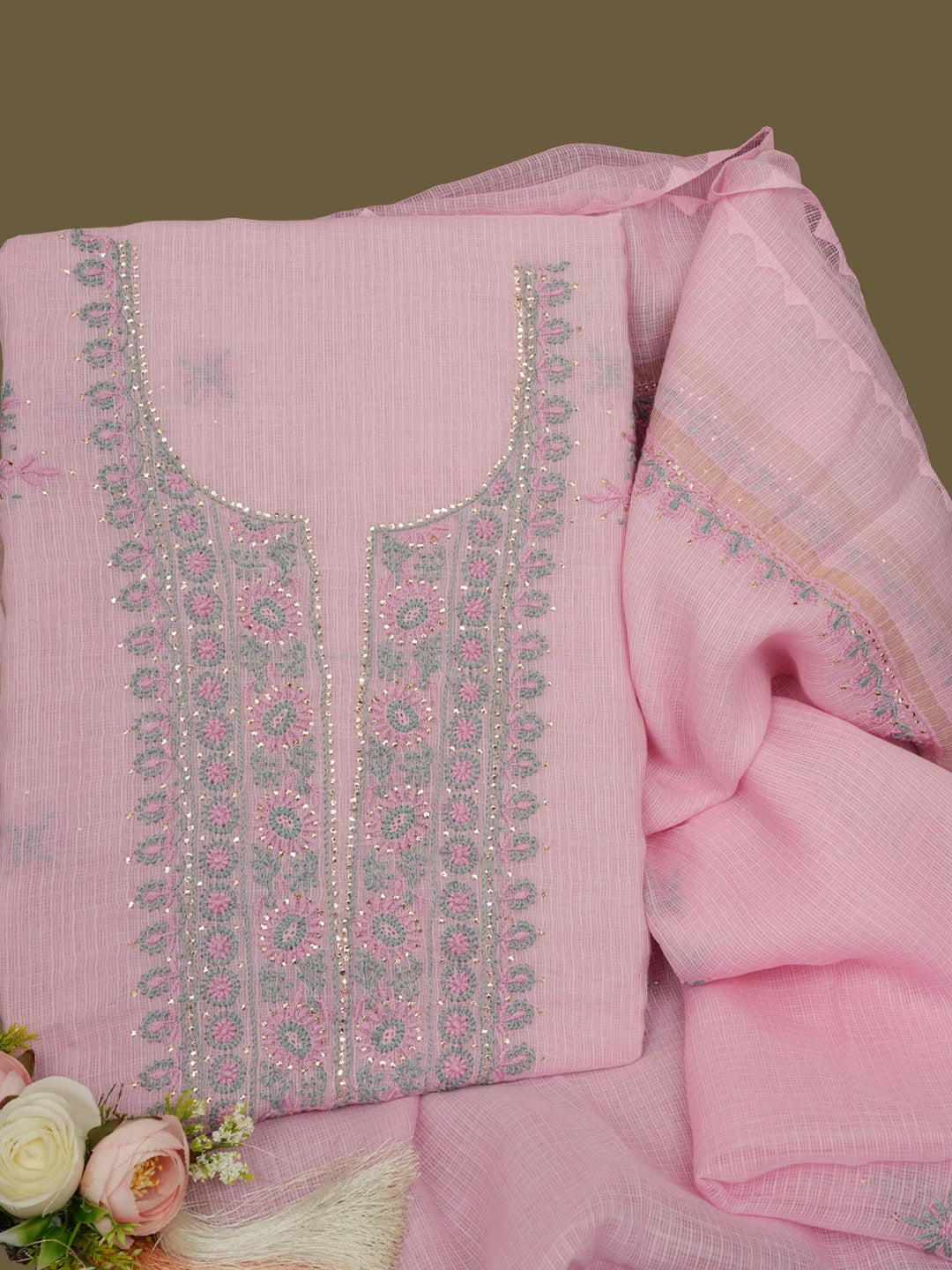 Ada Hand Embroidered Pink Kota Lucknowi Chikankari Unstitched Kurta Dupatta Set With Mukaish/Muqaish Work 01A638449