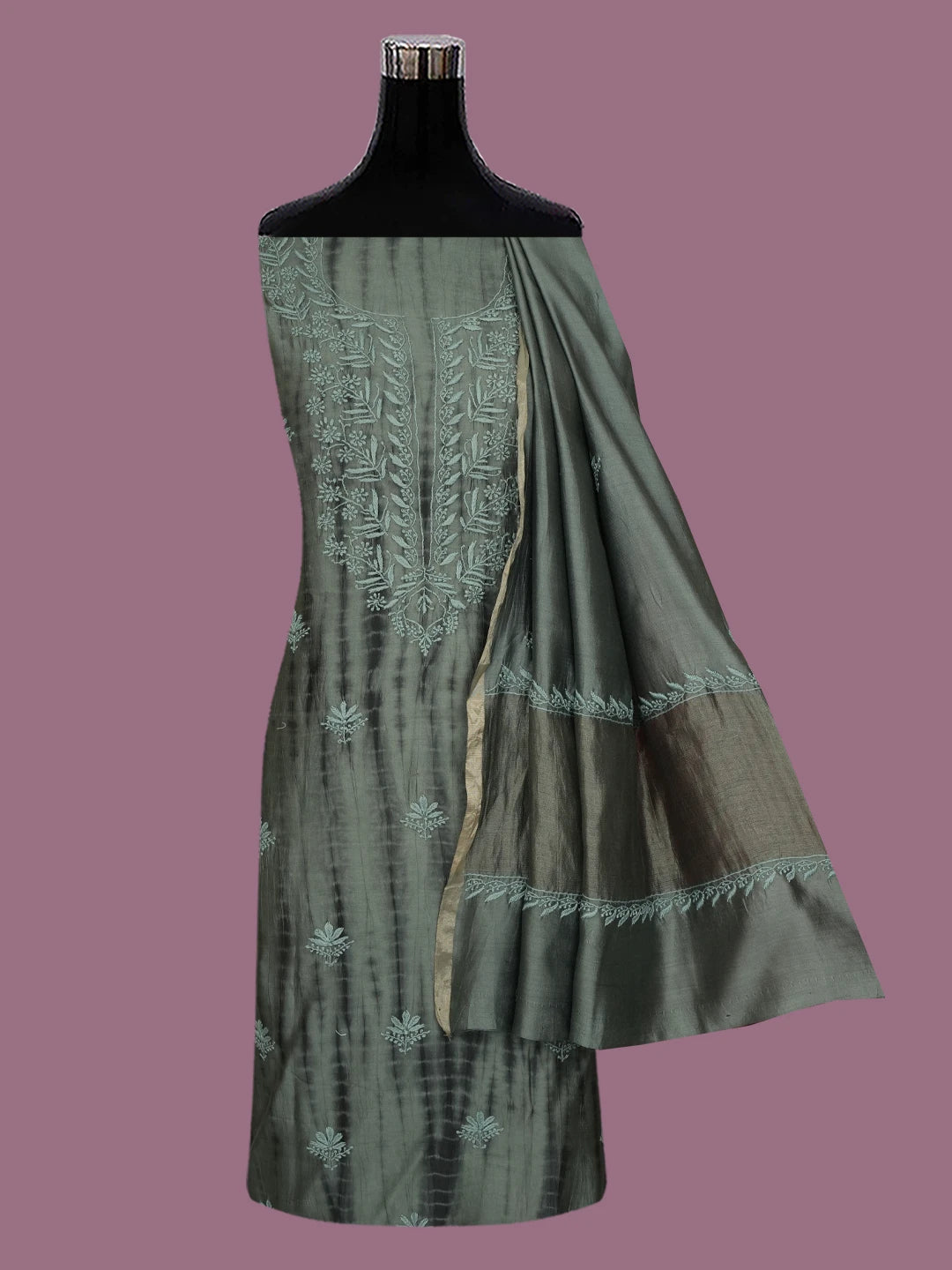 Ada Hand Embroidered Charcoal Grey Silk Lucknowi Chikankari Unstitched Kurta Dupatta Set 01A647699