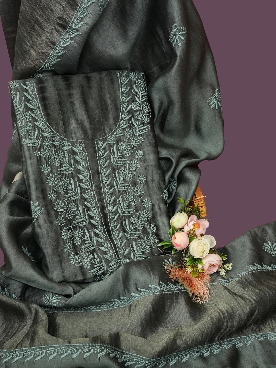 Ada Hand Embroidered Charcoal Grey Silk Lucknowi Chikankari Unstitched Kurta Dupatta Set 01A647699