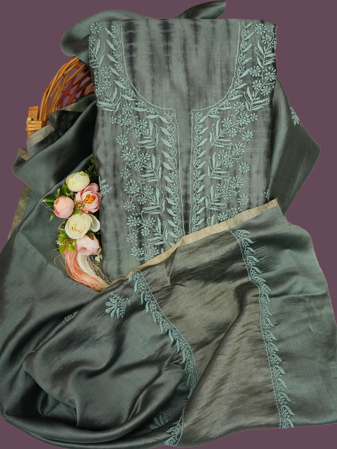 Ada Hand Embroidered Charcoal Grey Silk Lucknowi Chikankari Unstitched Kurta Dupatta Set 01A647699
