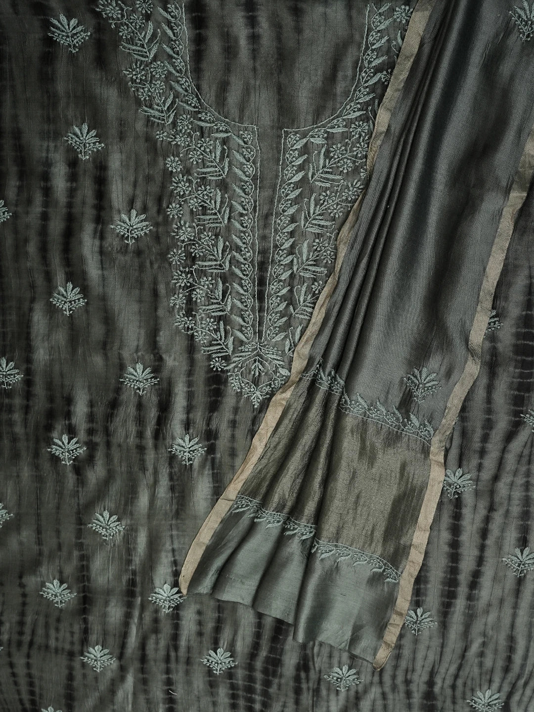 Ada Hand Embroidered Charcoal Grey Silk Lucknowi Chikankari Unstitched Kurta Dupatta Set 01A647699