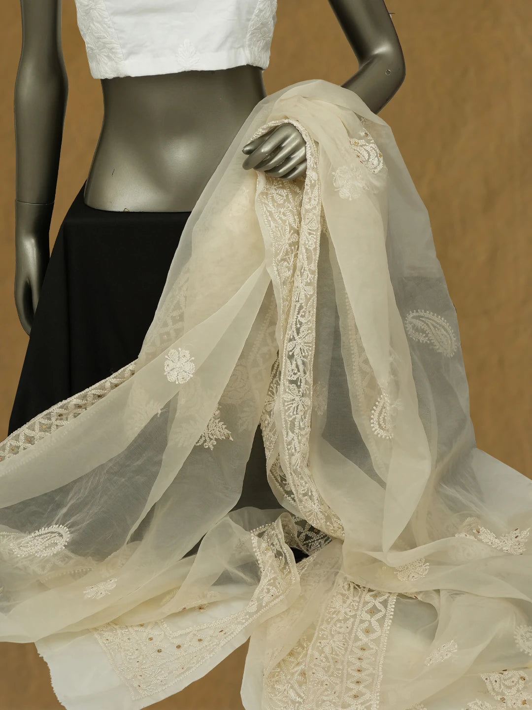 Ada Hand Embroidered Cream Organza Lucknowi Chikankari Dupatta With Muqaish Work 01A573670