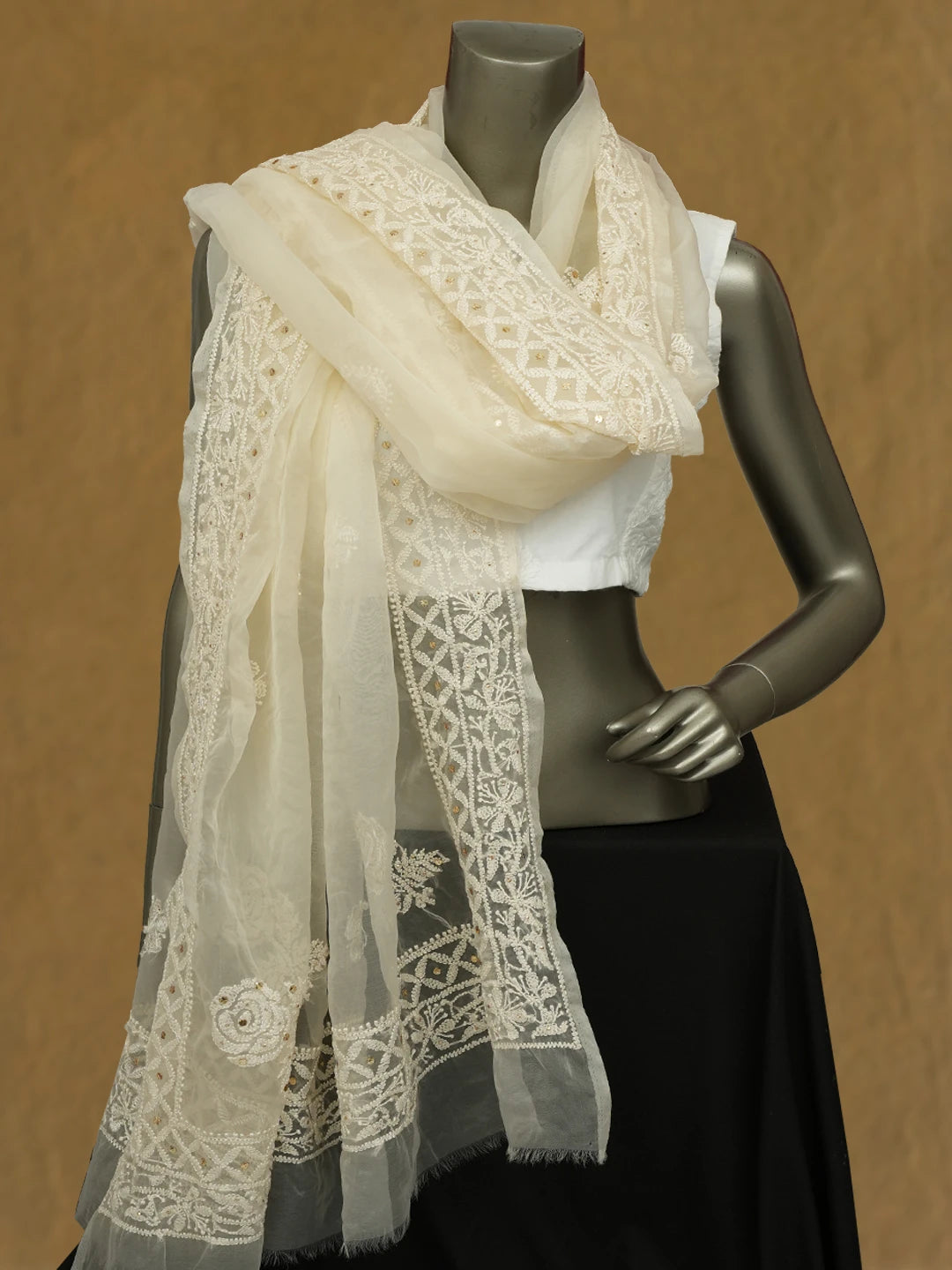 Ada Hand Embroidered Cream Organza Lucknowi Chikankari Dupatta With Muqaish Work 01A573670