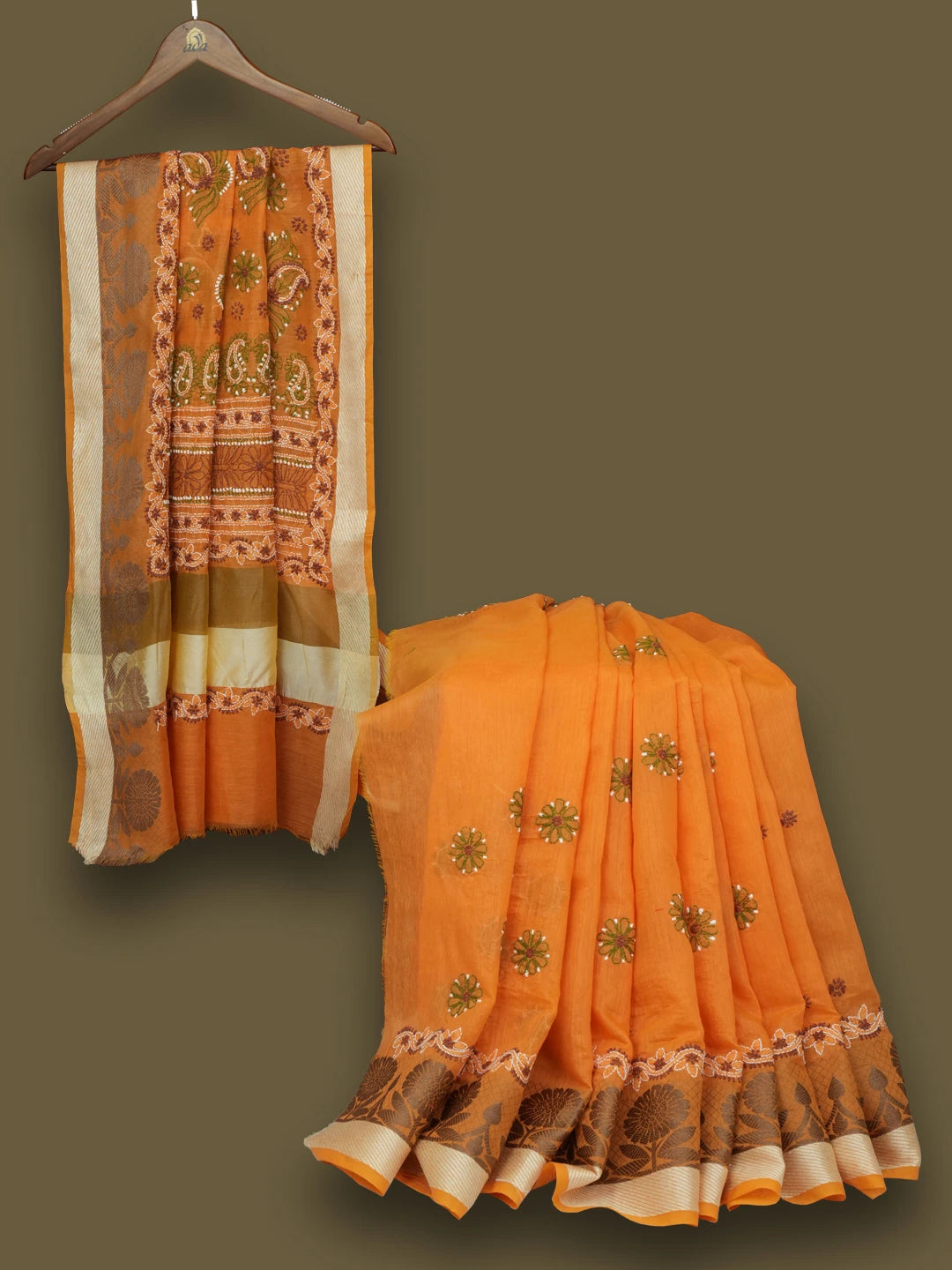 Ada Hand Embroidered Mustard Chanderi Lucknowi Chikankari Saree With Blouse 01A556654