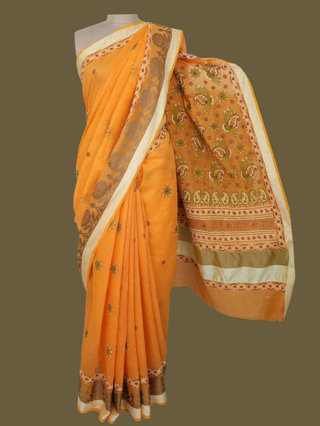 Ada Hand Embroidered Mustard Chanderi Lucknowi Chikankari Saree With Blouse 01A556654
