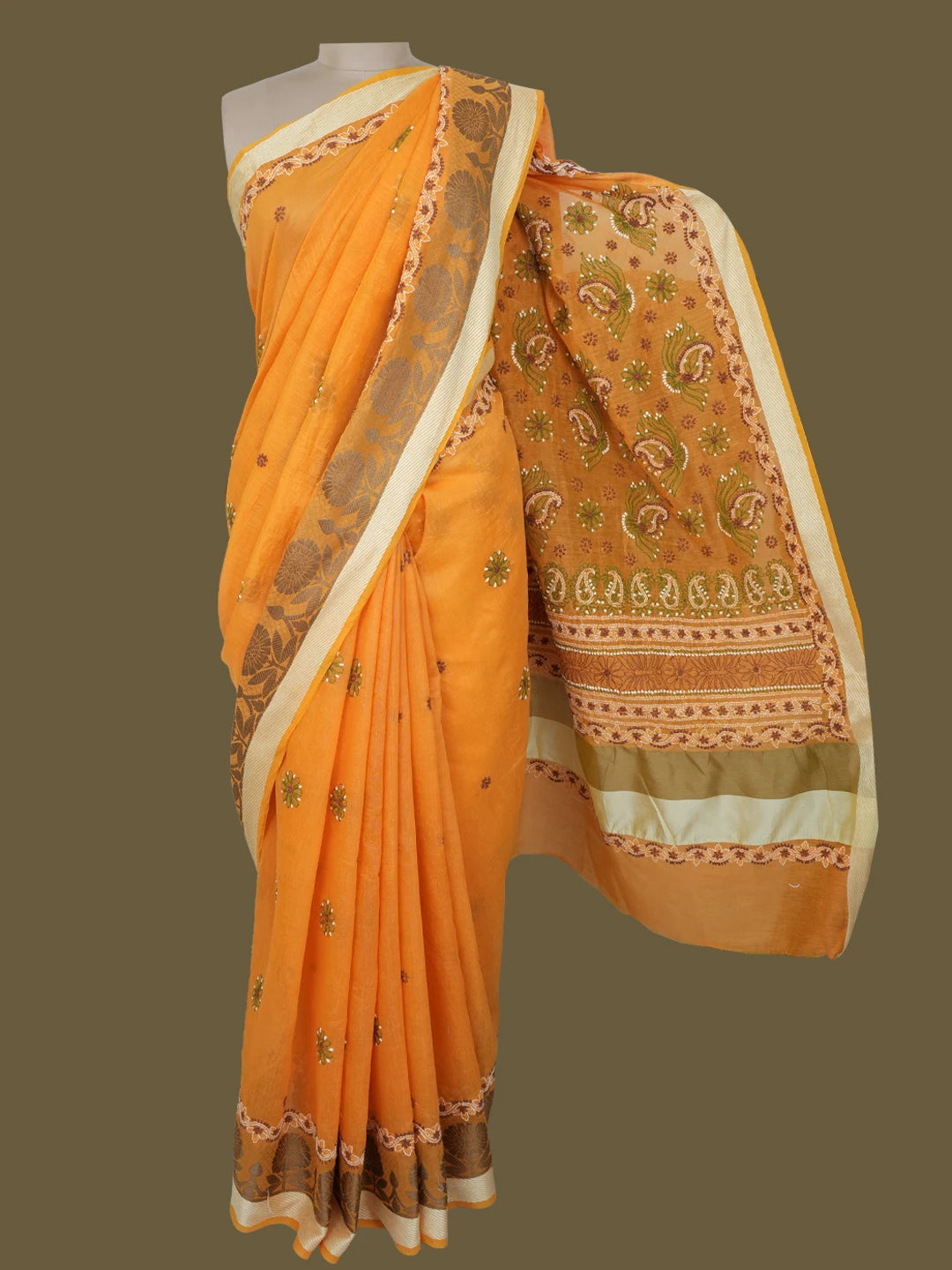 Ada Hand Embroidered Mustard Chanderi Lucknowi Chikankari Saree With Blouse 01A556654