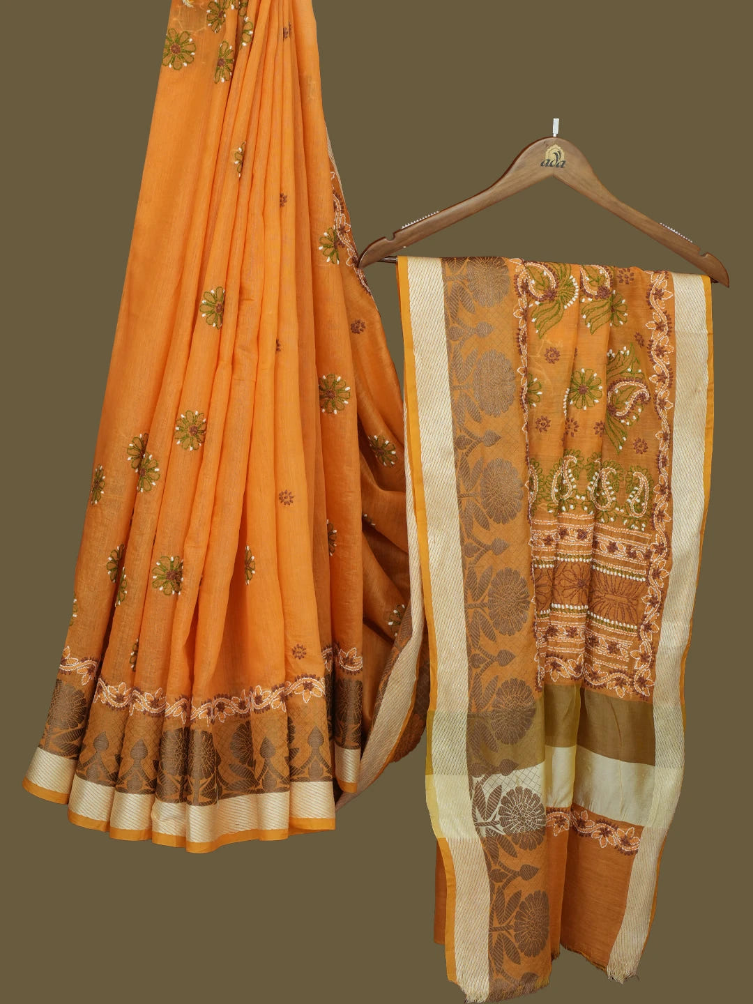 Ada Hand Embroidered Mustard Chanderi Lucknowi Chikankari Saree With Blouse 01A556654