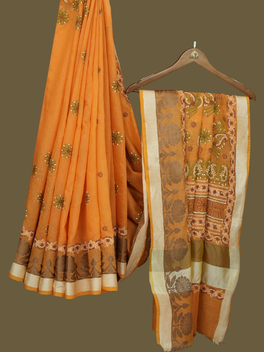 Ada Hand Embroidered Mustard Chanderi Lucknowi Chikankari Saree With Blouse 01A556654