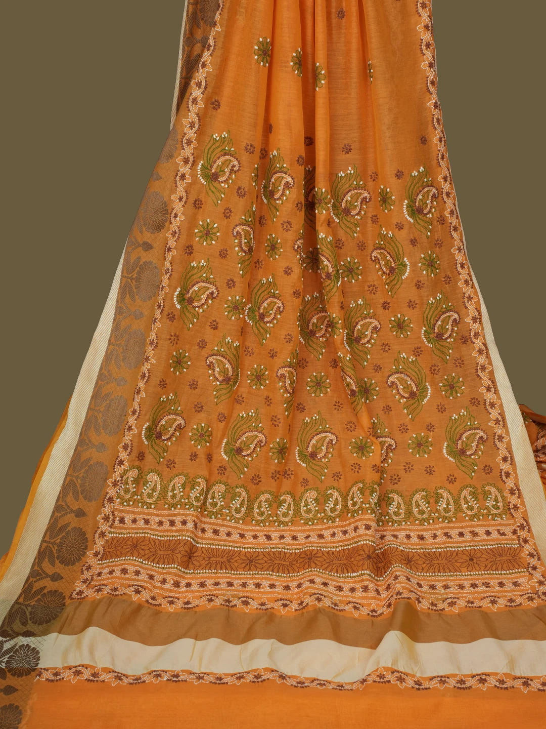 Ada Hand Embroidered Mustard Chanderi Lucknowi Chikankari Saree With Blouse 01A556654