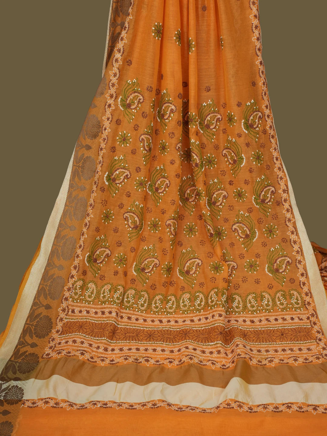 Ada Hand Embroidered Mustard Chanderi Lucknowi Chikankari Saree With Blouse 01A556654