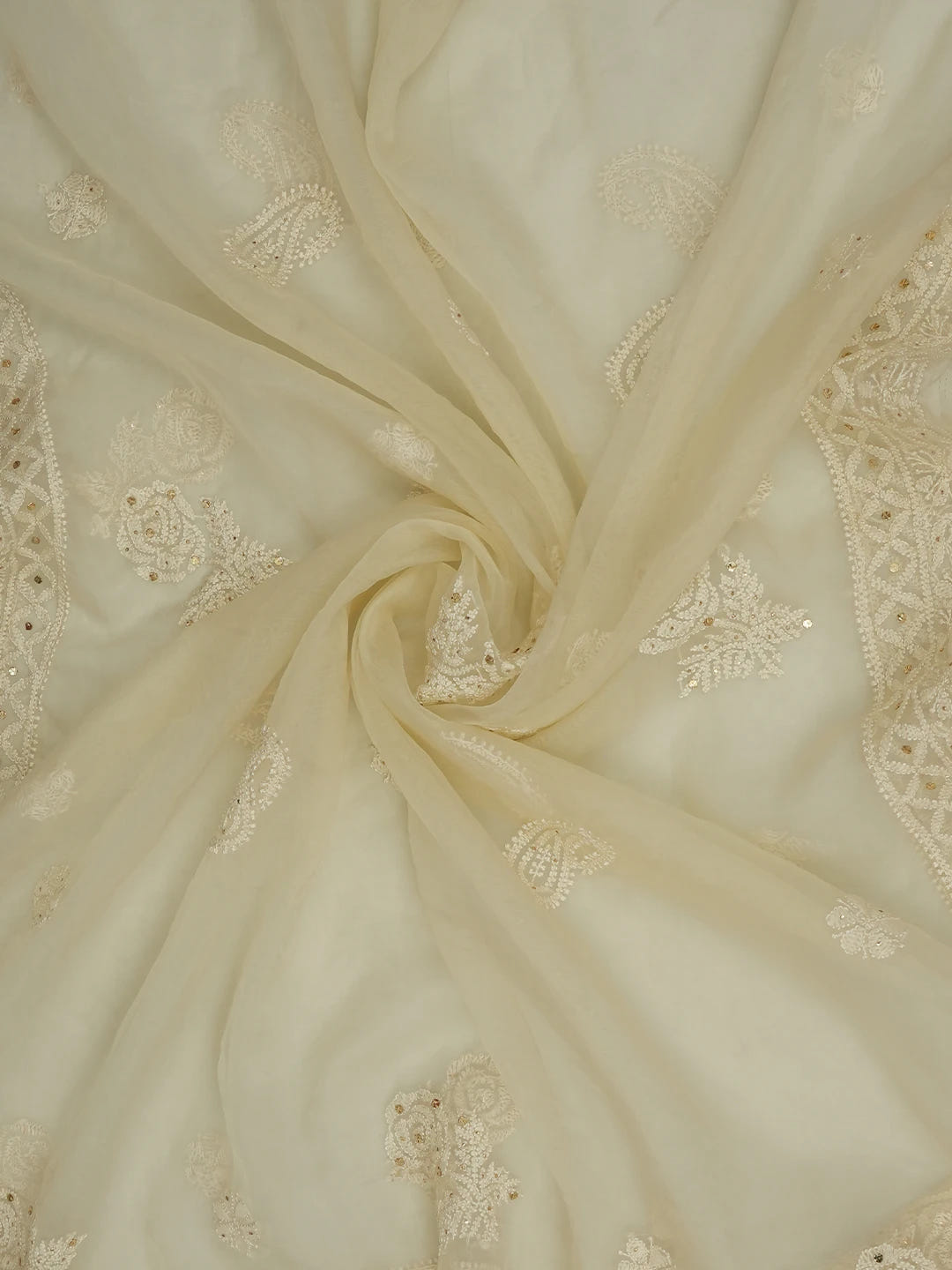 Ada Hand Embroidered Cream Organza Lucknowi Chikankari Dupatta With Muqaish Work 01A573670