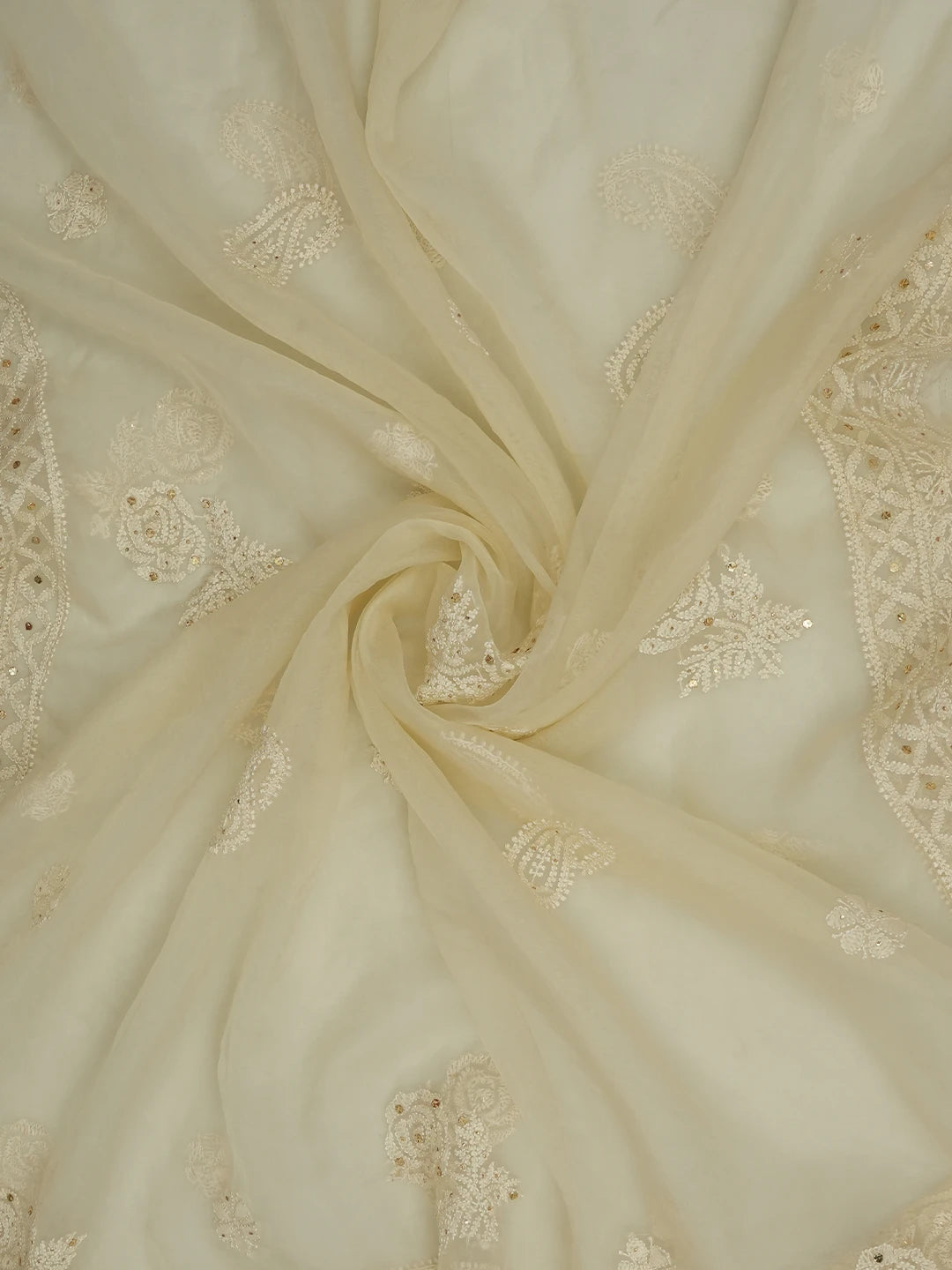 Ada Hand Embroidered Cream Organza Lucknowi Chikankari Dupatta With Muqaish Work 01A573670