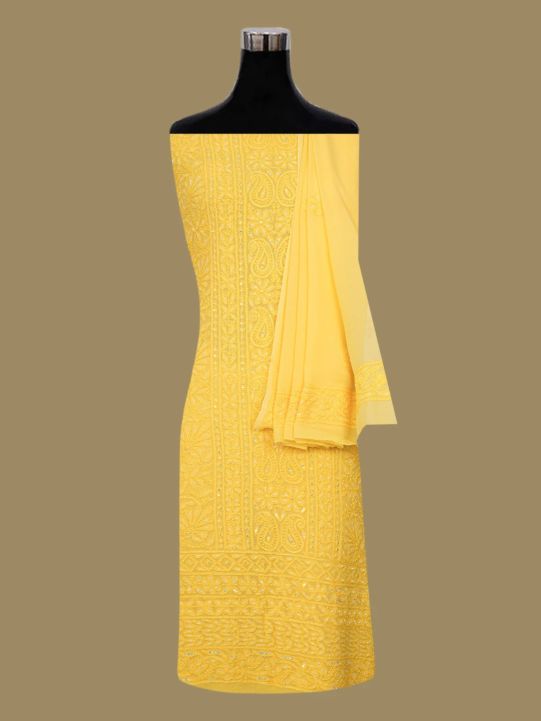 Ada Hand Embroidered Yellow Viscose Georgette Lucknowi Chikankari Unstitched Kurta Dupatta Set With Sequinned Work 01A666197