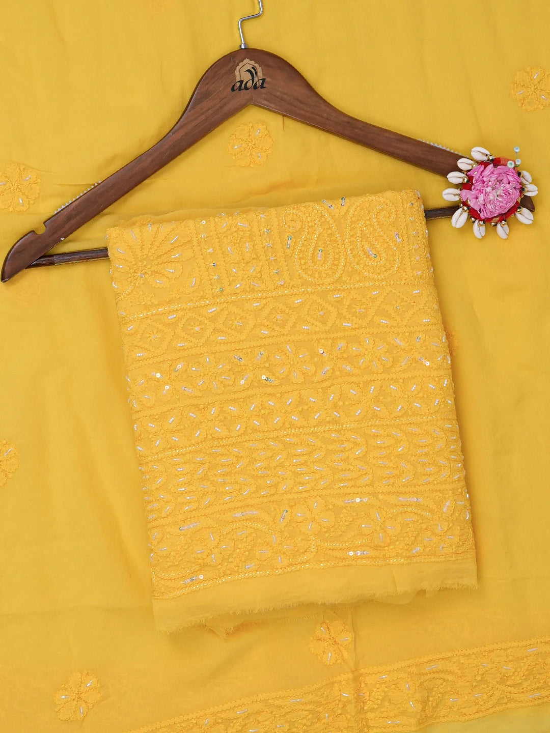 Ada Hand Embroidered Yellow Viscose Georgette Lucknowi Chikankari Unstitched Kurta Dupatta Set With Sequinned Work 01A666197