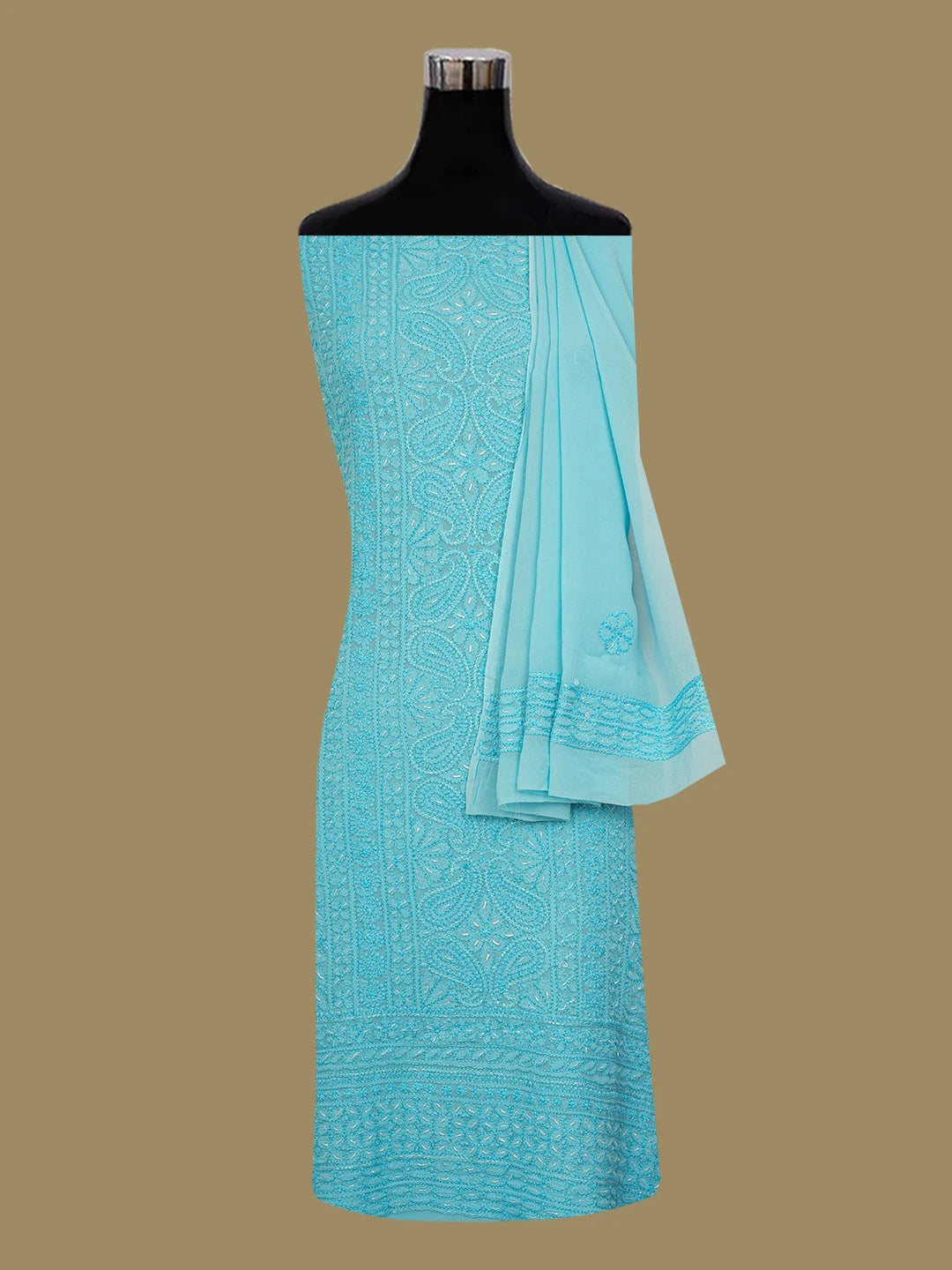 Ada Hand Embroidered Deep Sky Blue Viscose Georgette Lucknowi Chikankari Unstitched Kurta Dupatta Set With Cutdana Work 01A666198