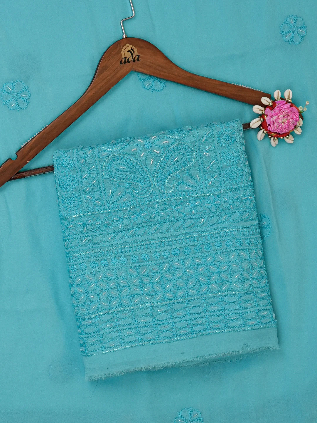 Ada Hand Embroidered Deep Sky Blue Viscose Georgette Lucknowi Chikankari Unstitched Kurta Dupatta Set With Cutdana Work 01A666198