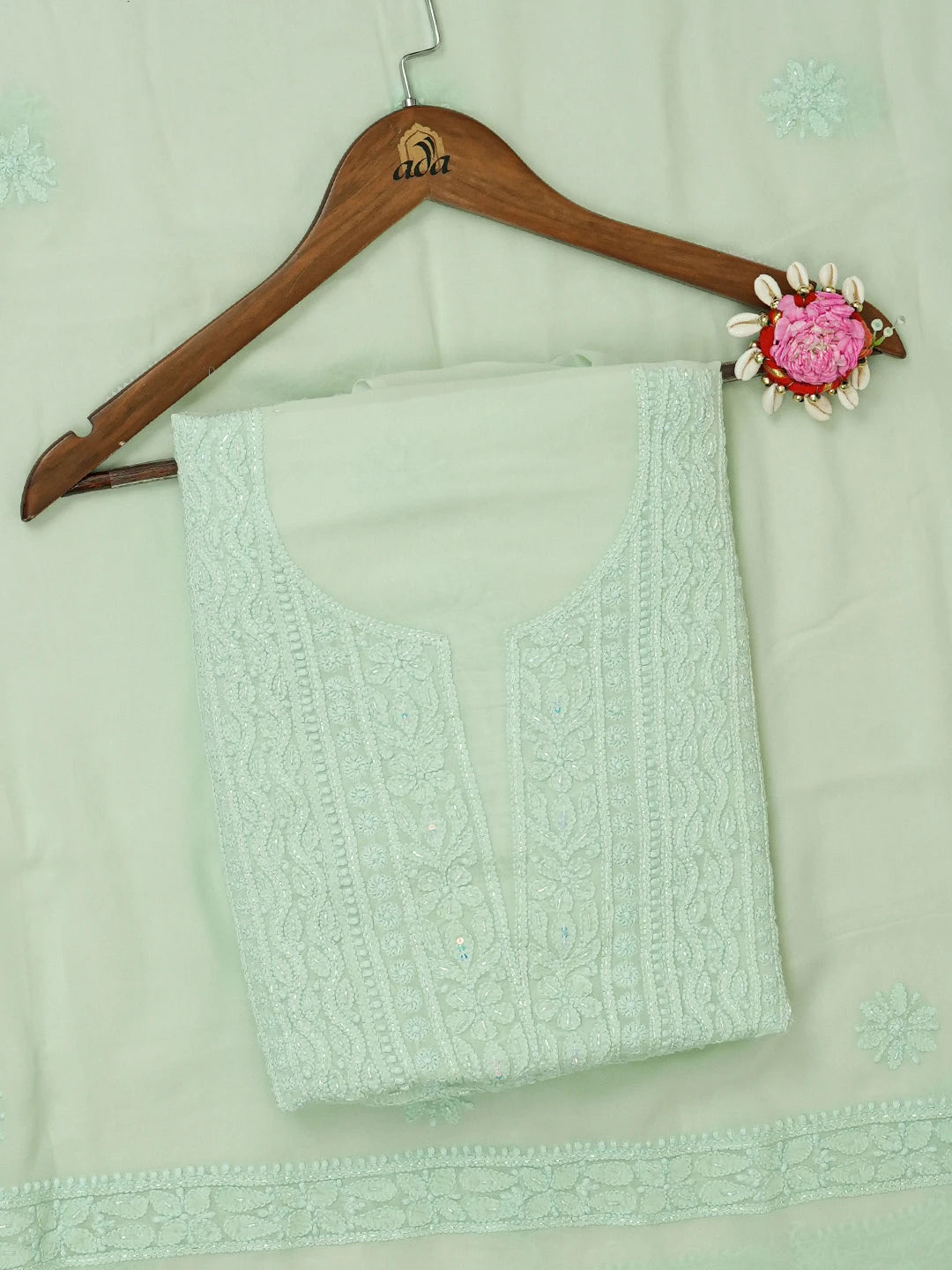 Ada Hand Embroidered Light Green Viscose Georgette Lucknowi Chikankari Unstitched Kurta Dupatta Set With Sequinned Work 01A666210