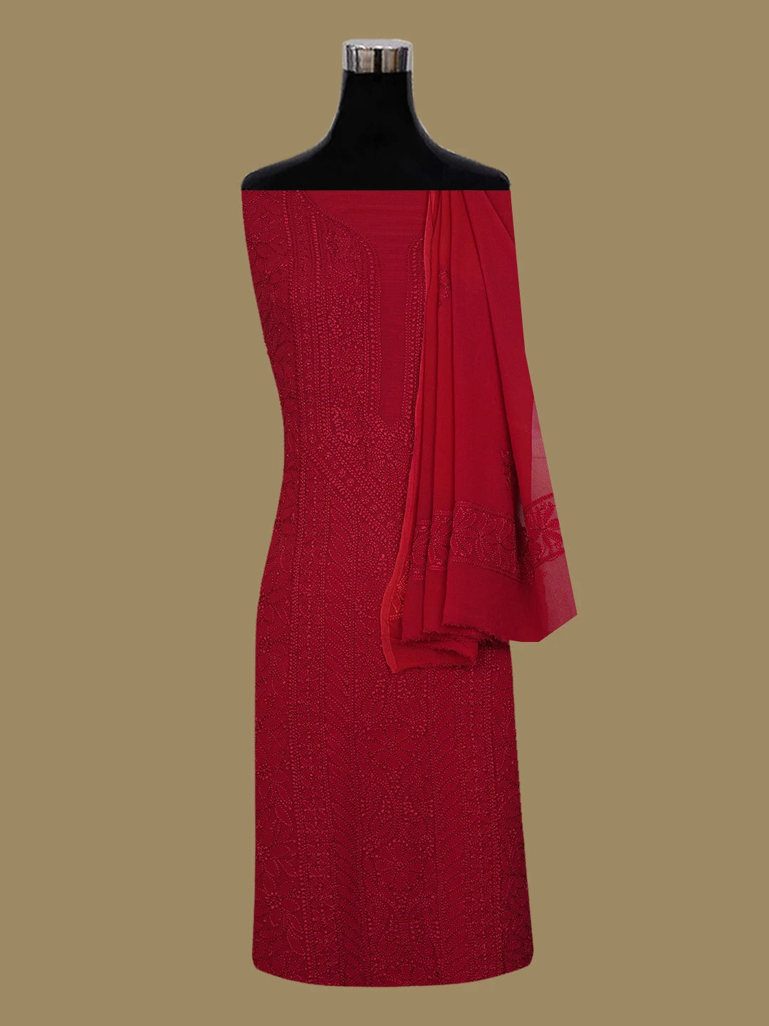 Ada Hand Embroidered Red Viscose Georgette Lucknowi Chikankari Unstitched Kurta Dupatta Set 01A665919