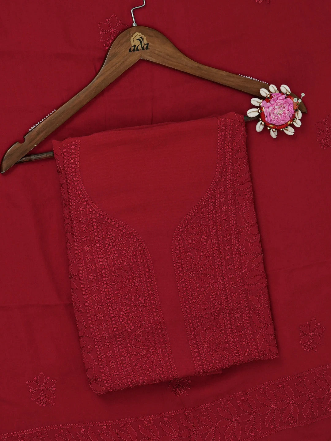 Ada Hand Embroidered Red Viscose Georgette Lucknowi Chikankari Unstitched Kurta Dupatta Set 01A665919