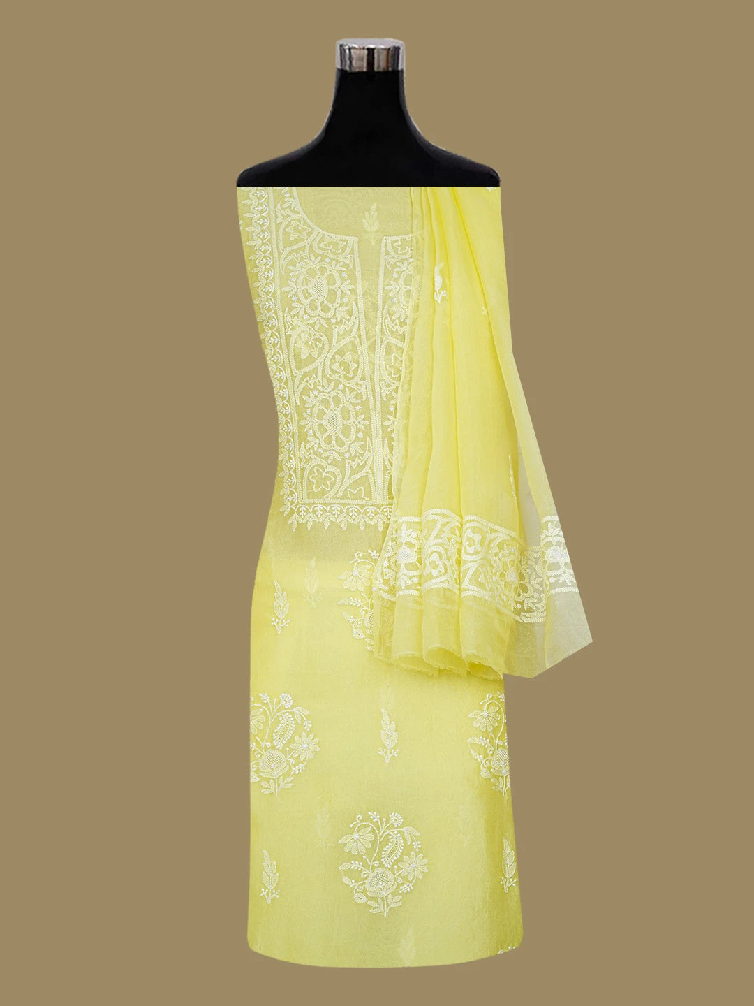 Ada Hand Embroidered Lemon Yellow Organza Lucknowi Chikankari Unstitched Kurta Dupatta Set 01A604721