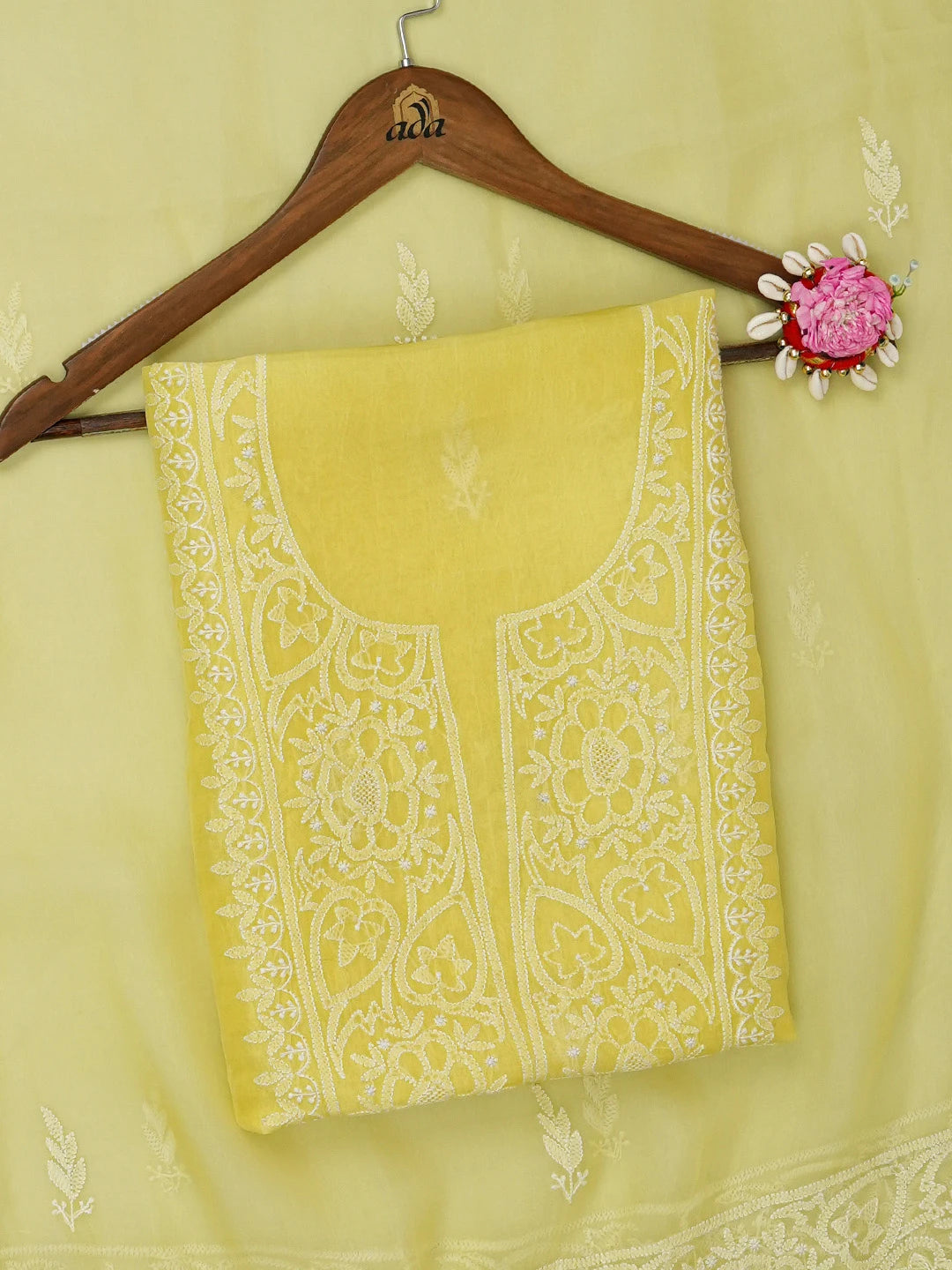 Ada Hand Embroidered Lemon Yellow Organza Lucknowi Chikankari Unstitched Kurta Dupatta Set 01A604721