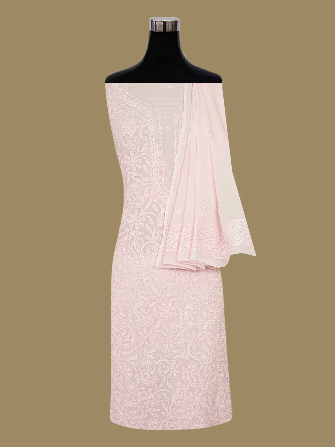 Ada Hand Embroidered Light Peach Viscose Georgette Lucknowi Chikankari Unstitched Kurta Dupatta Set with Cutdana and Zari Work 01A666203