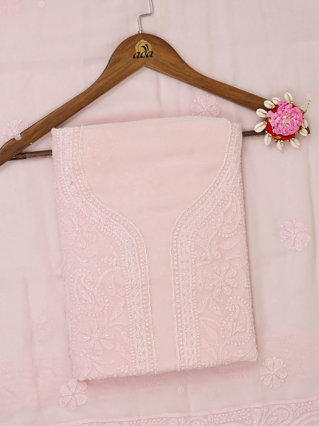 Ada Hand Embroidered Light Peach Viscose Georgette Lucknowi Chikankari Unstitched Kurta Dupatta Set with Cutdana and Zari Work 01A666203