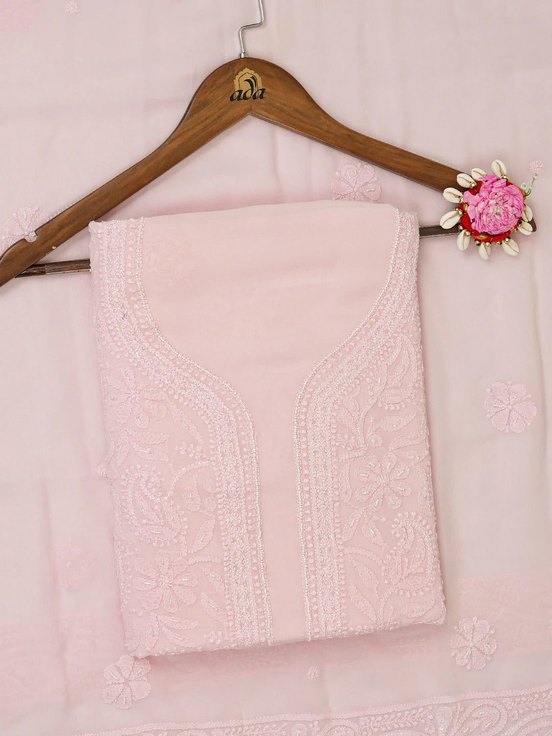 Ada Hand Embroidered Light Peach Viscose Georgette Lucknowi Chikankari Unstitched Kurta Dupatta Set with Cutdana and Zari Work 01A666203