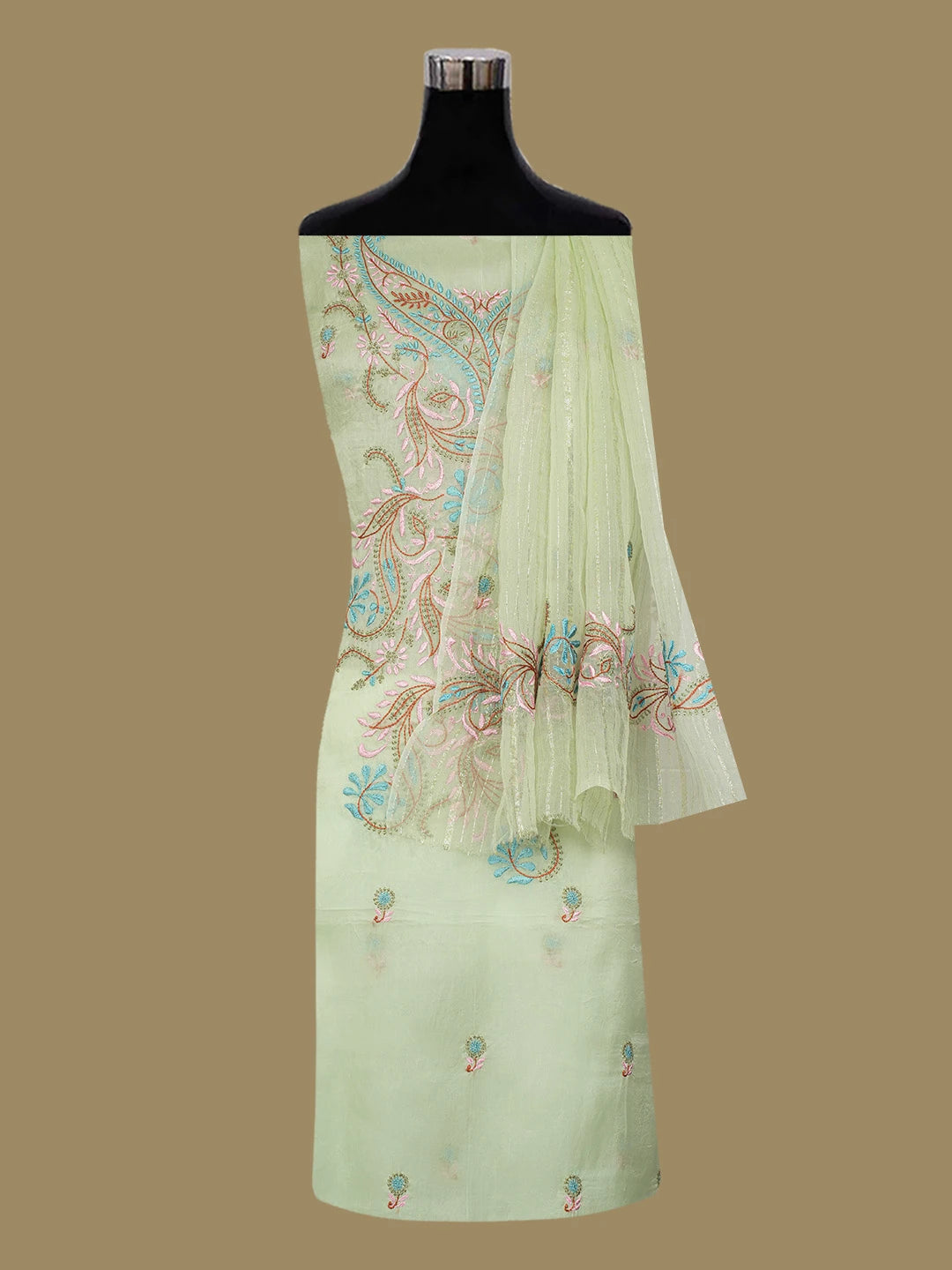 Ada Hand Embroidered Pastel Green Organza Lucknowi Chikankari Unstitched Kurta Dupatta Set 01A585803