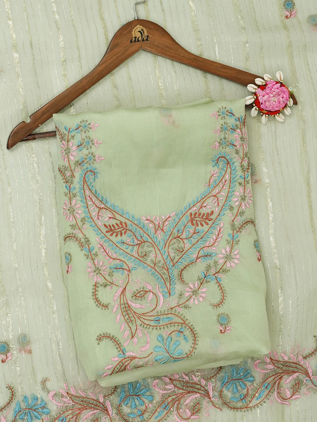 Ada Hand Embroidered Pastel Green Organza Lucknowi Chikankari Unstitched Kurta Dupatta Set 01A585803