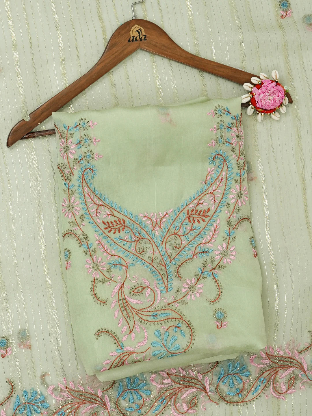 Ada Hand Embroidered Pastel Green Organza Lucknowi Chikankari Unstitched Kurta Dupatta Set 01A585803