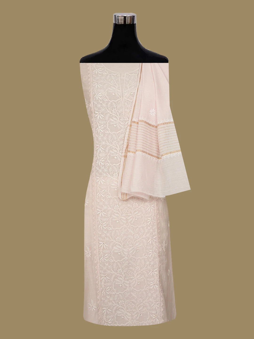 Ada Hand Embroidered Peach Chanderi Lucknowi Chikankari Semi-Stitched Kurta Piece 01A657828