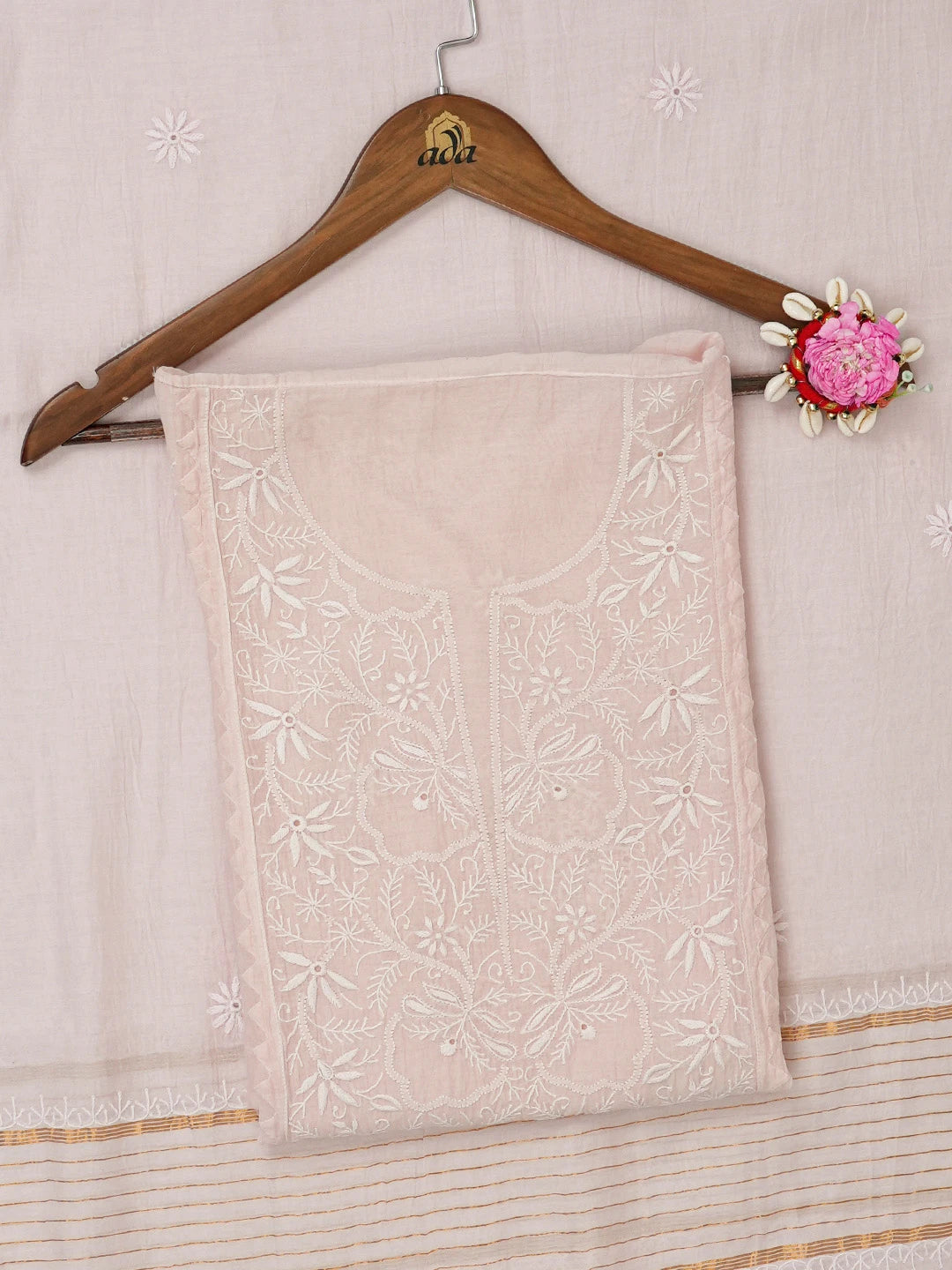 Ada Hand Embroidered Peach Chanderi Lucknowi Chikankari Semi-Stitched Kurta Piece 01A657828