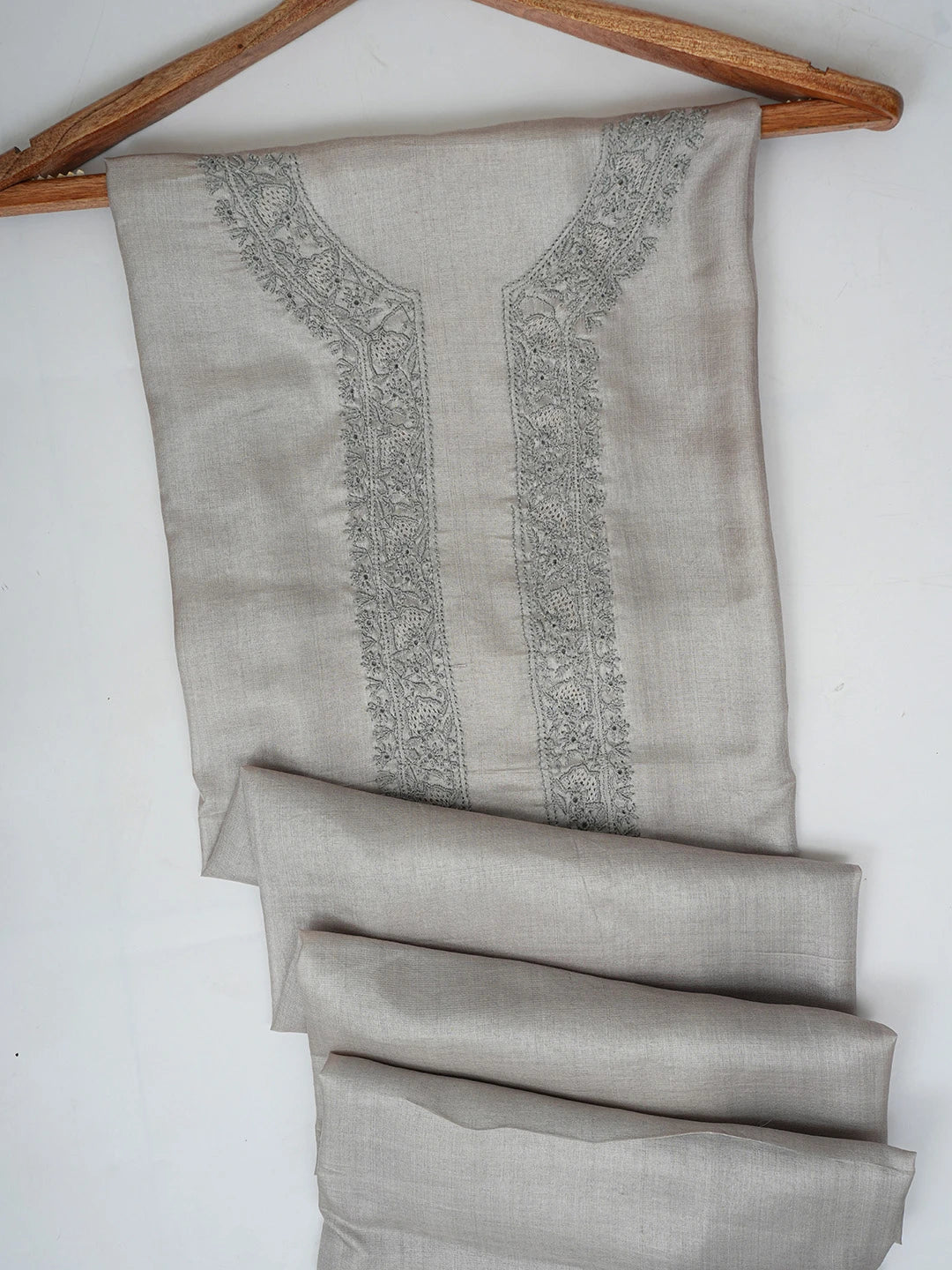 Ada Hand Embroidered French Grey Silk Lucknowi Chikankari Men's Kurta Piece 01A658734