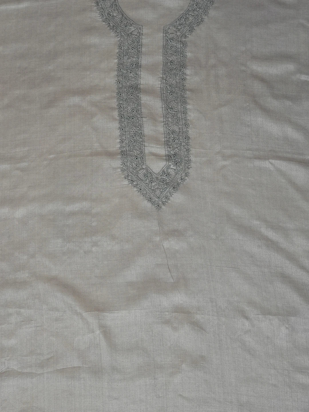 Ada Hand Embroidered French Grey Silk Lucknowi Chikankari Men's Kurta Piece 01A658734