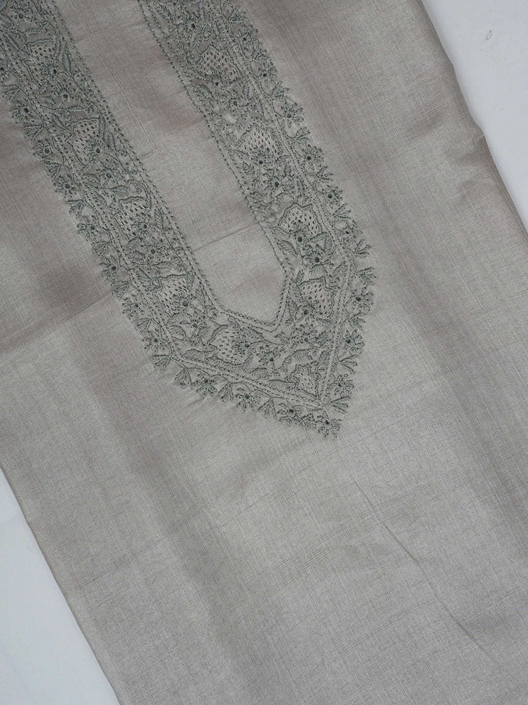 Ada Hand Embroidered French Grey Silk Lucknowi Chikankari Men's Kurta Piece 01A658734
