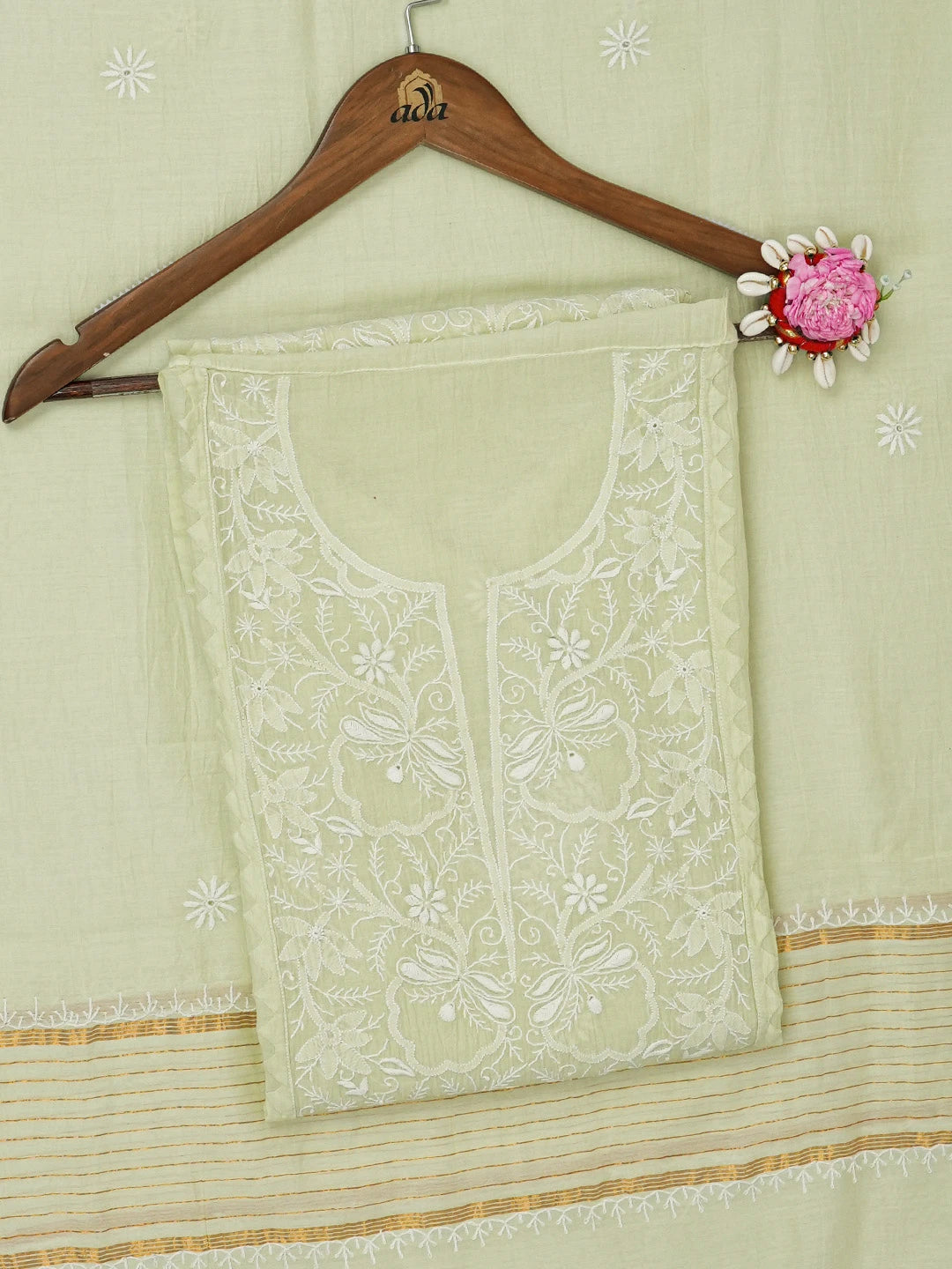 Ada Hand Embroidered Light Green Chanderi Lucknowi Chikankari  Semi-stitched Kurta Dupatta Set 01A657829