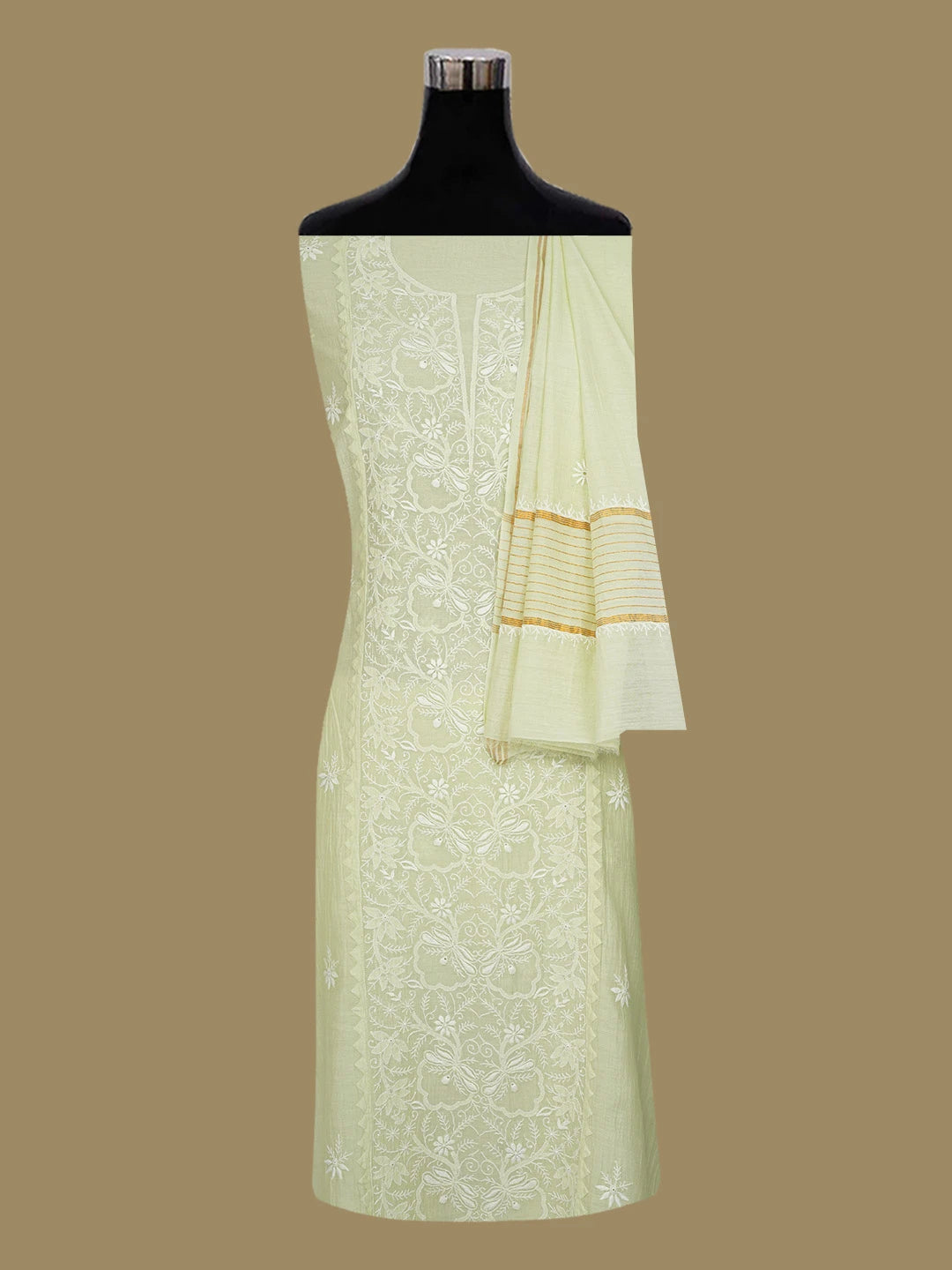 Ada Hand Embroidered Light Green Chanderi Lucknowi Chikankari  Semi-stitched Kurta Dupatta Set 01A657829