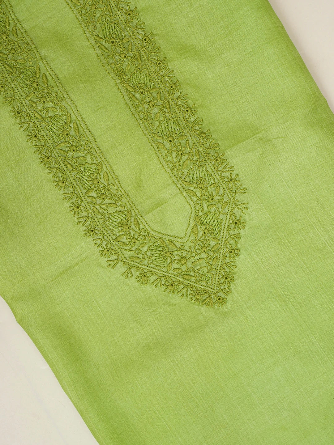 Ada Hand Embroidered Avocado Green Silk Lucknowi Chikankari Men's Kurta Piece 01A658758