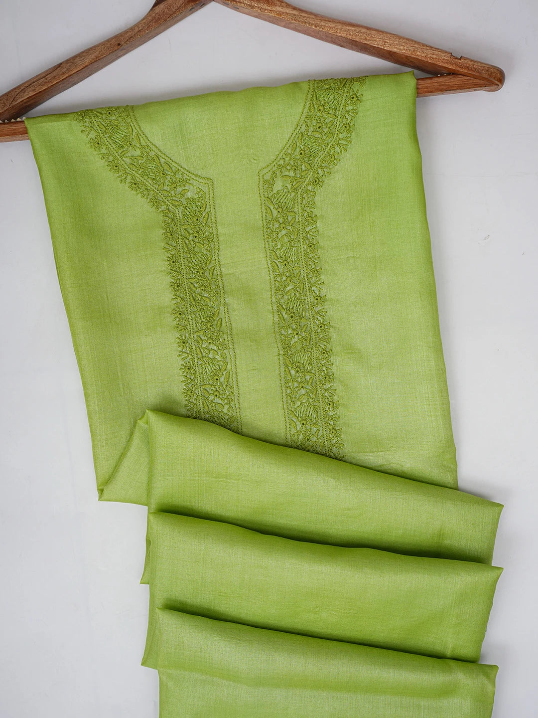 Ada Hand Embroidered Avocado Green Silk Lucknowi Chikankari Men's Kurta Piece 01A658758
