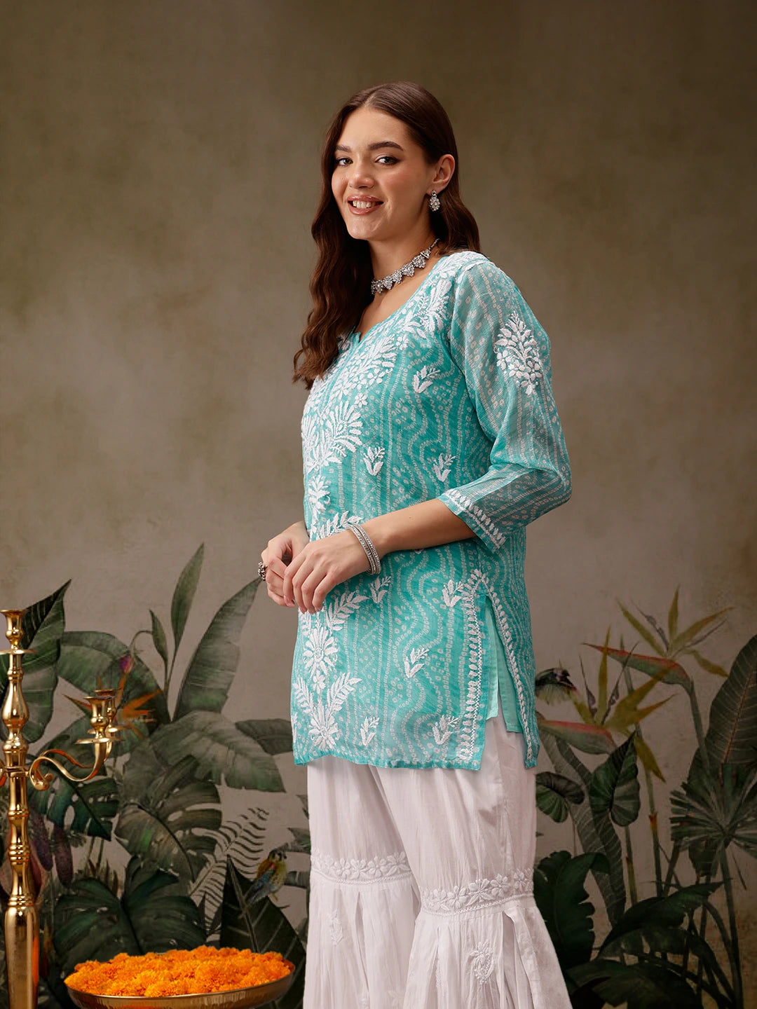 Ada Hand Embroidered Bandhani Printed Turquoise Kota Lucknowi Chikankari Short Kurti With Slip A911441