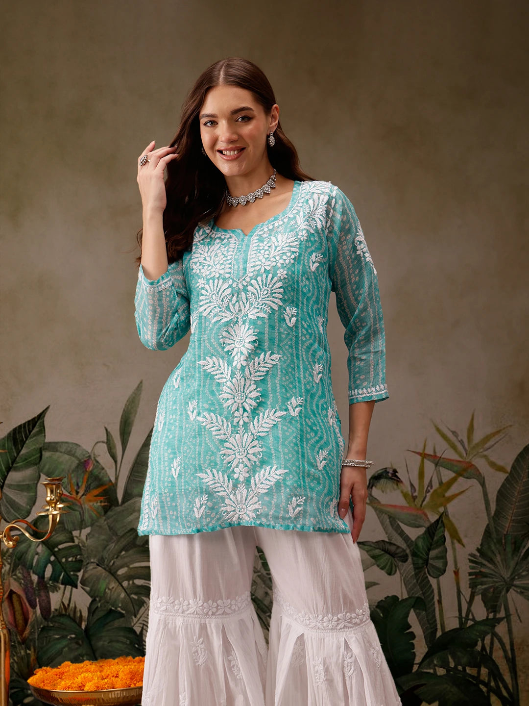 Ada Hand Embroidered Bandhani Printed Turquoise Kota Lucknowi Chikankari Short Kurti With Slip A911441