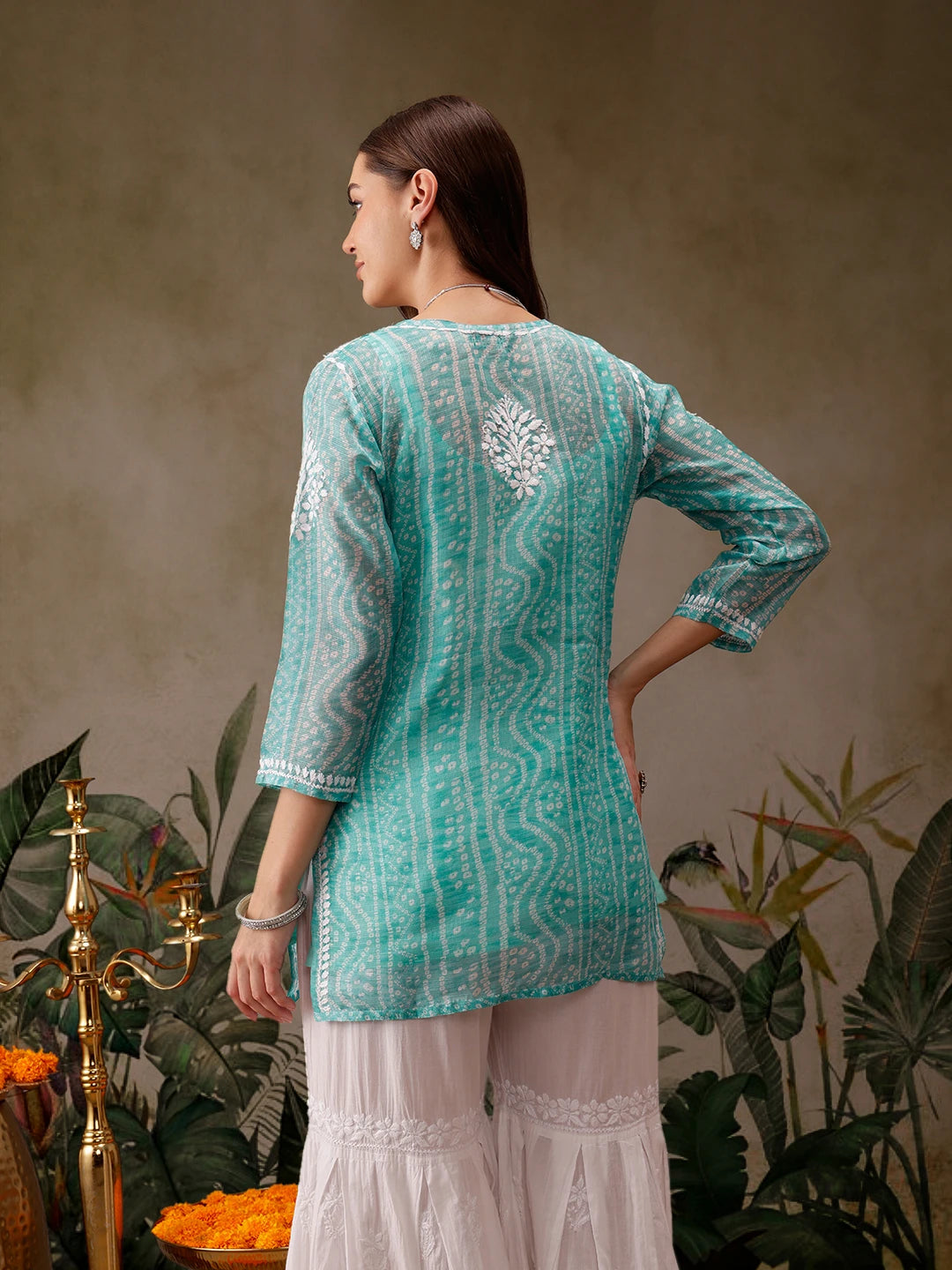 Ada Hand Embroidered Bandhani Printed Turquoise Kota Lucknowi Chikankari Short Kurti With Slip A911441