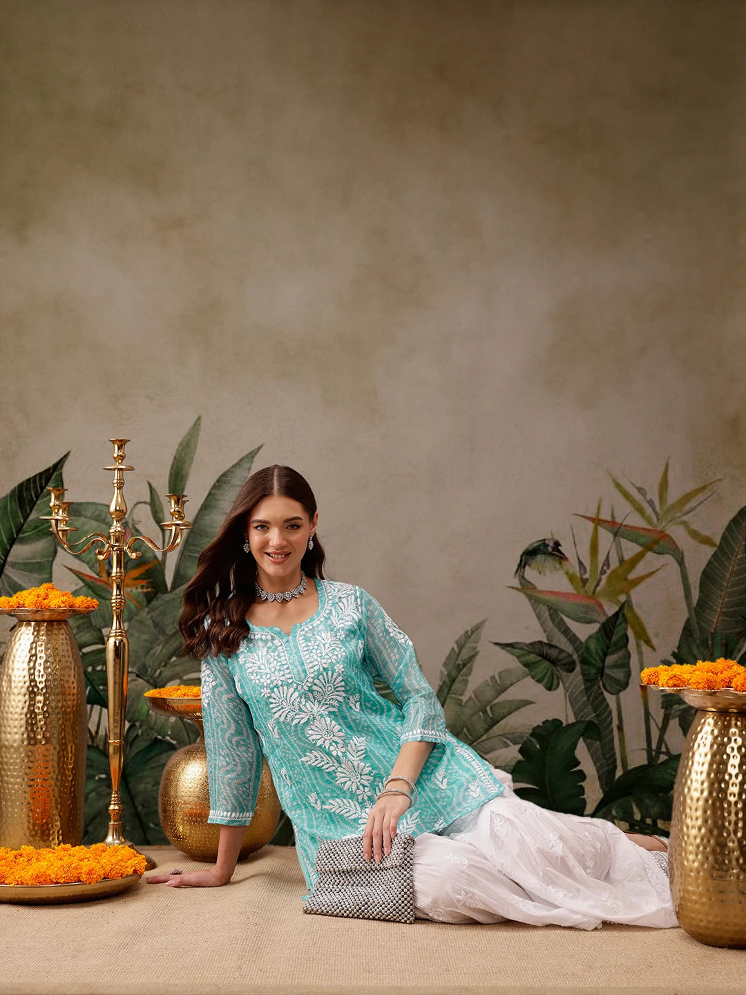 Ada Hand Embroidered Bandhani Printed Turquoise Kota Lucknowi Chikankari Short Kurti With Slip A911441