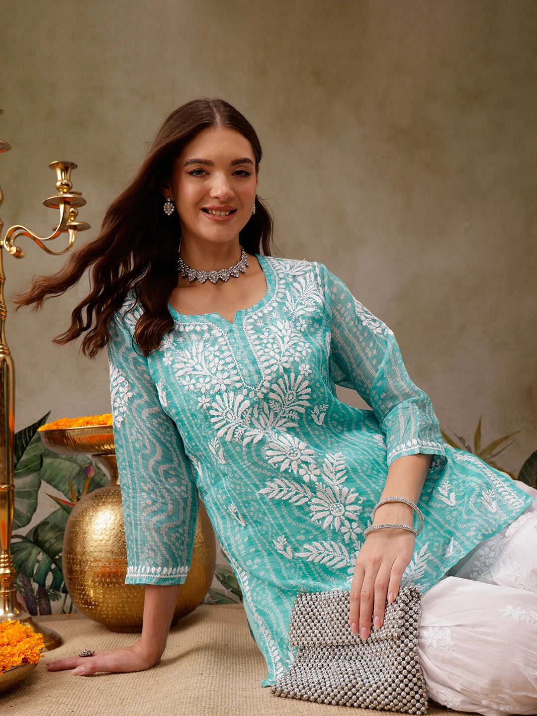 Ada Hand Embroidered Bandhani Printed Turquoise Kota Lucknowi Chikankari Short Kurti With Slip A911441