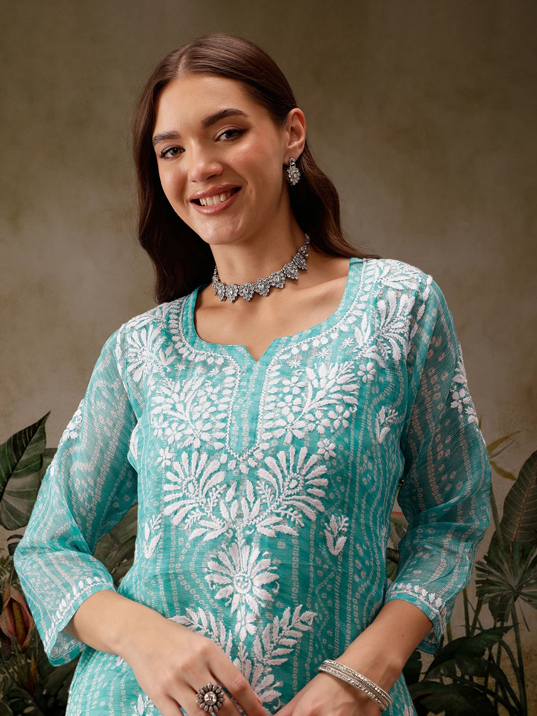Ada Hand Embroidered Bandhani Printed Turquoise Kota Lucknowi Chikankari Short Kurti With Slip A911441