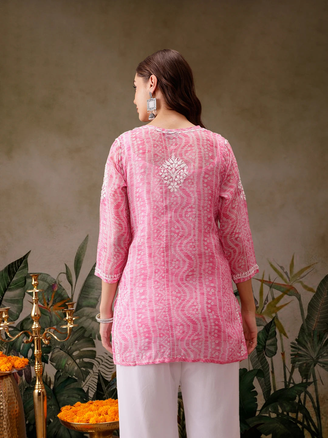 Ada Hand Embroidered Bandhani Printed Pink Kota Lucknowi Chikankari Short Kurti With Slip A911442