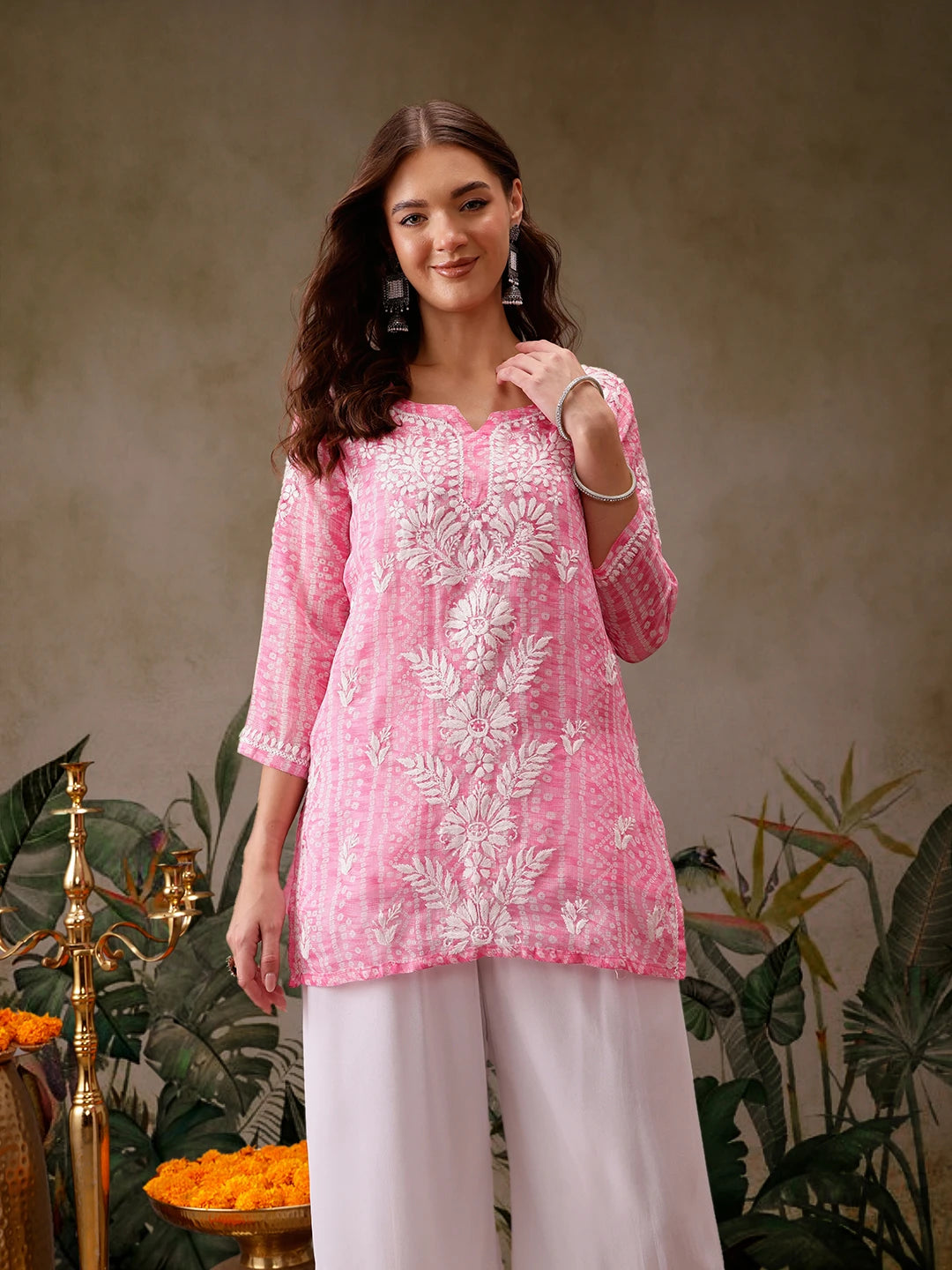 Ada Hand Embroidered Bandhani Printed Pink Kota Lucknowi Chikankari Short Kurti With Slip A911442