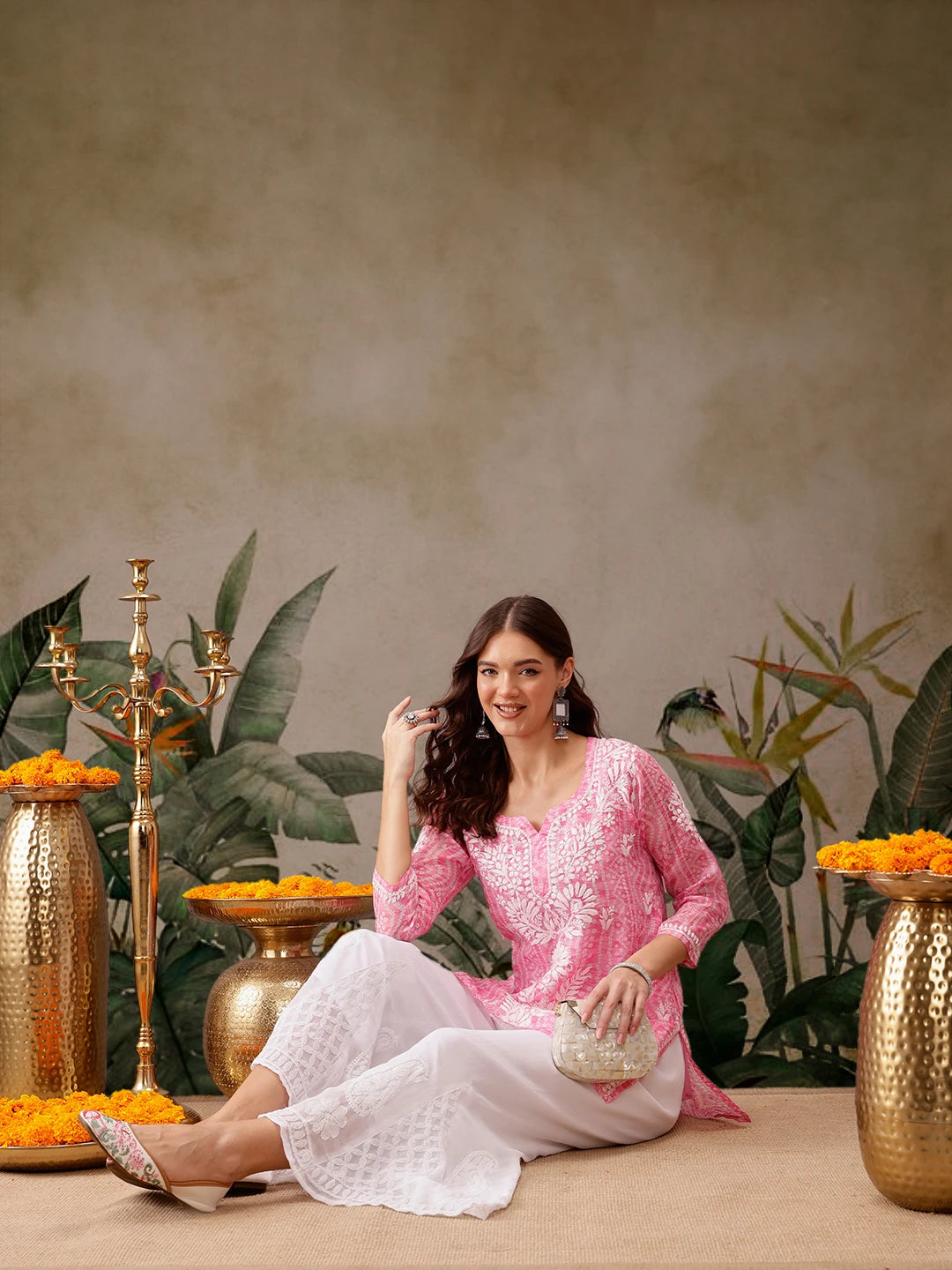 Ada Hand Embroidered Bandhani Printed Pink Kota Lucknowi Chikankari Short Kurti With Slip A911442